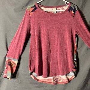 7th Ray Southwestern Aztec Long Sleeve High Low Top, Medium